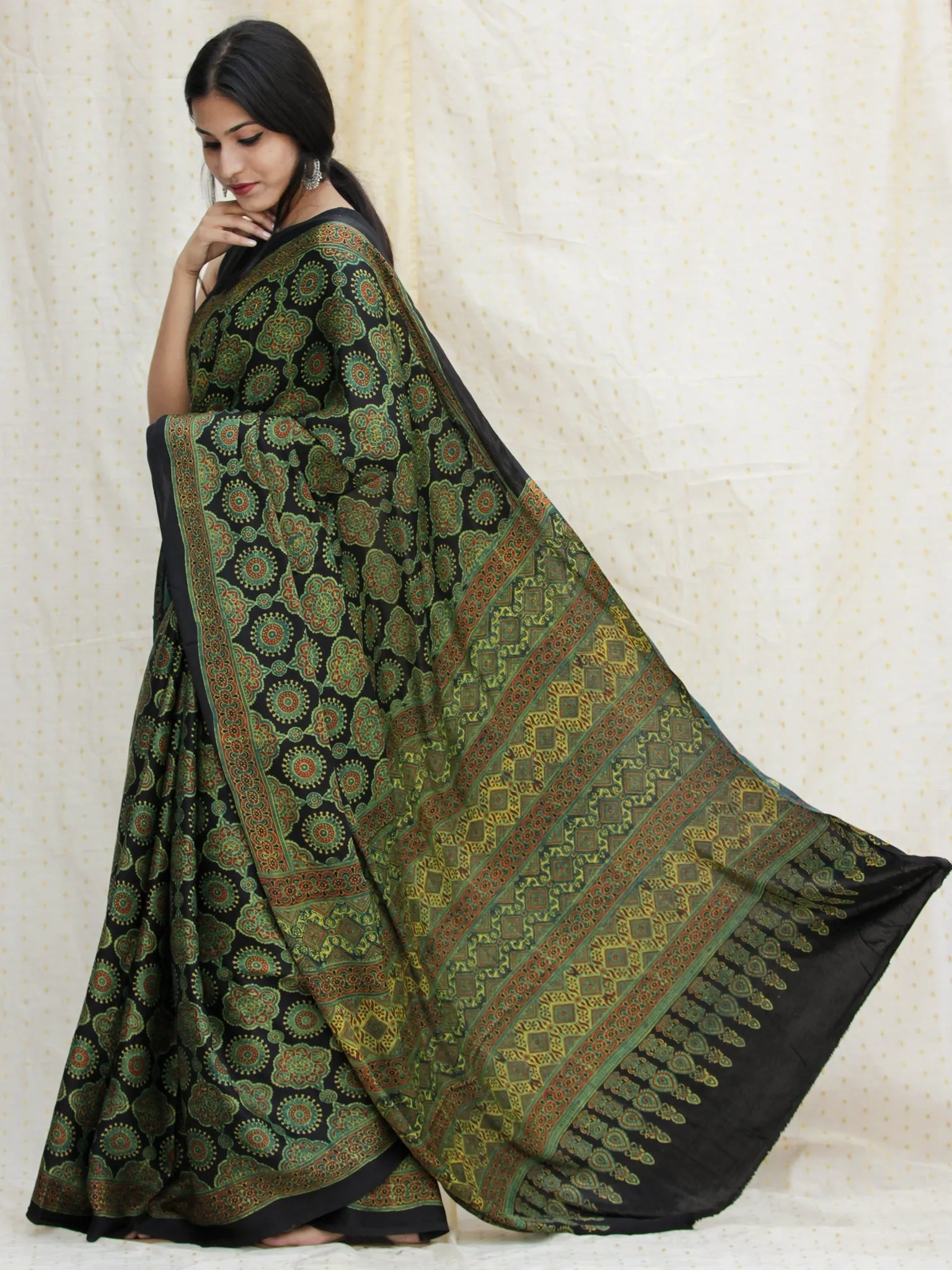 Black Green Red Ajrakh Hand Block Printed Modal Silk Saree - S031704137