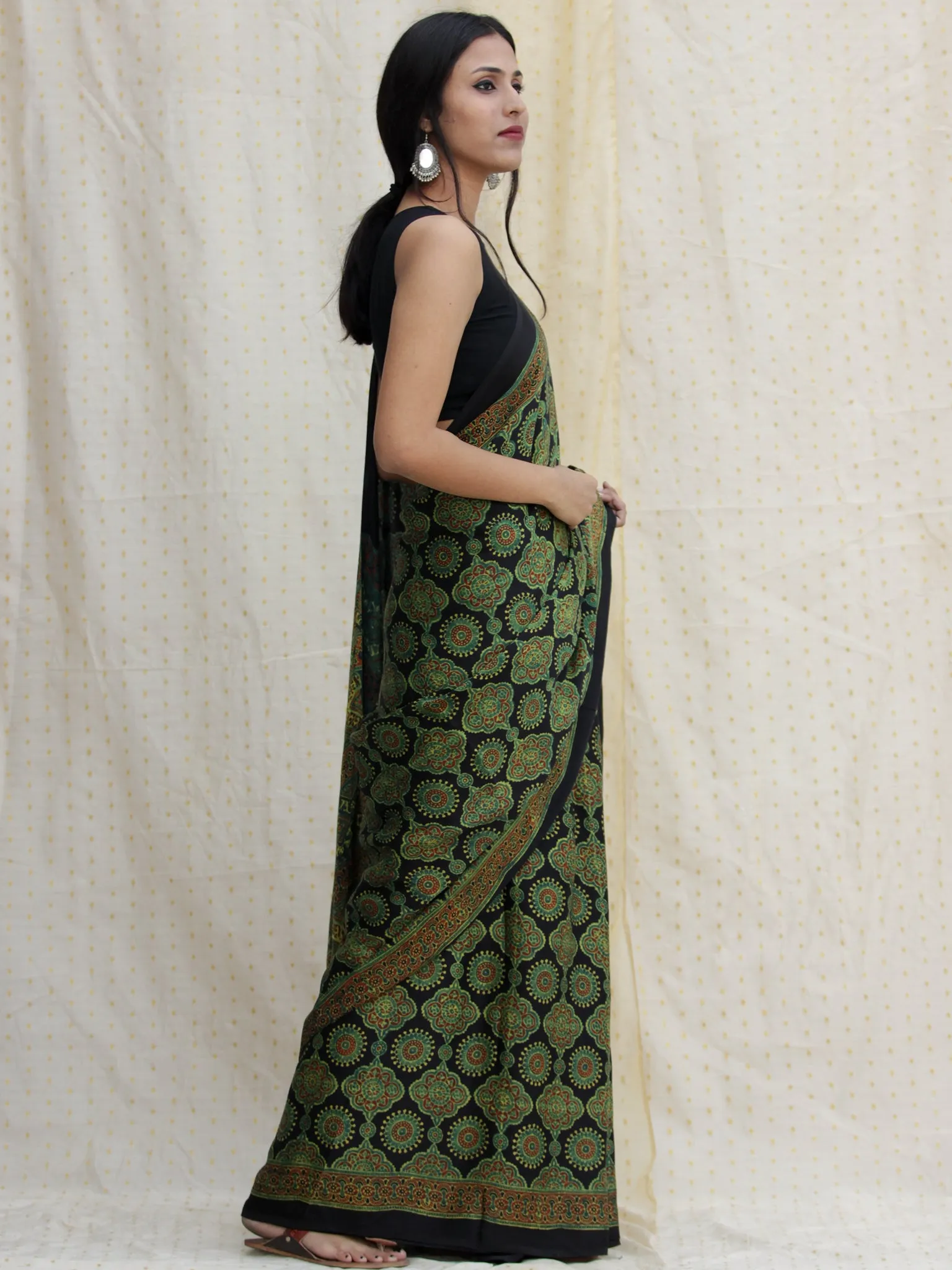 Black Green Red Ajrakh Hand Block Printed Modal Silk Saree - S031704137