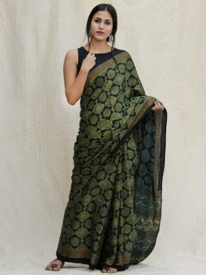 Black Green Red Ajrakh Hand Block Printed Modal Silk Saree - S031704137