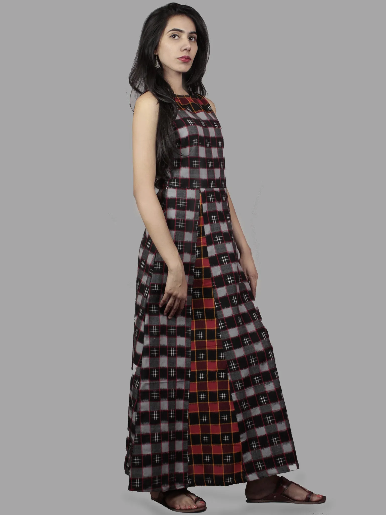 Black Grey Red Ivory Handwoven Double Ikat Cotton Sleeveless Dress  - D5465801