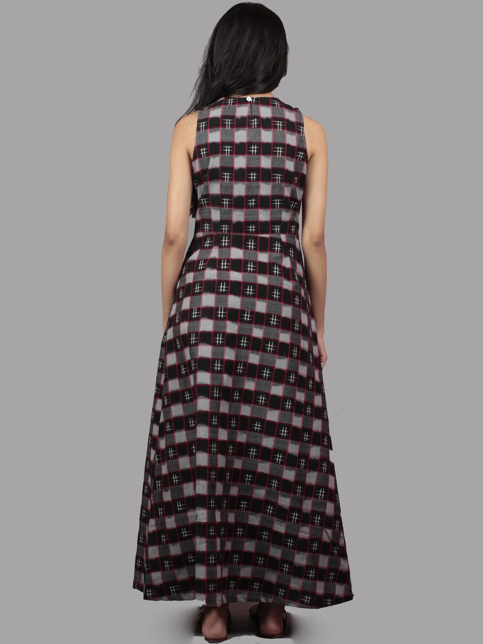 Black Grey Red Ivory Handwoven Double Ikat Cotton Sleeveless Dress  - D5465801