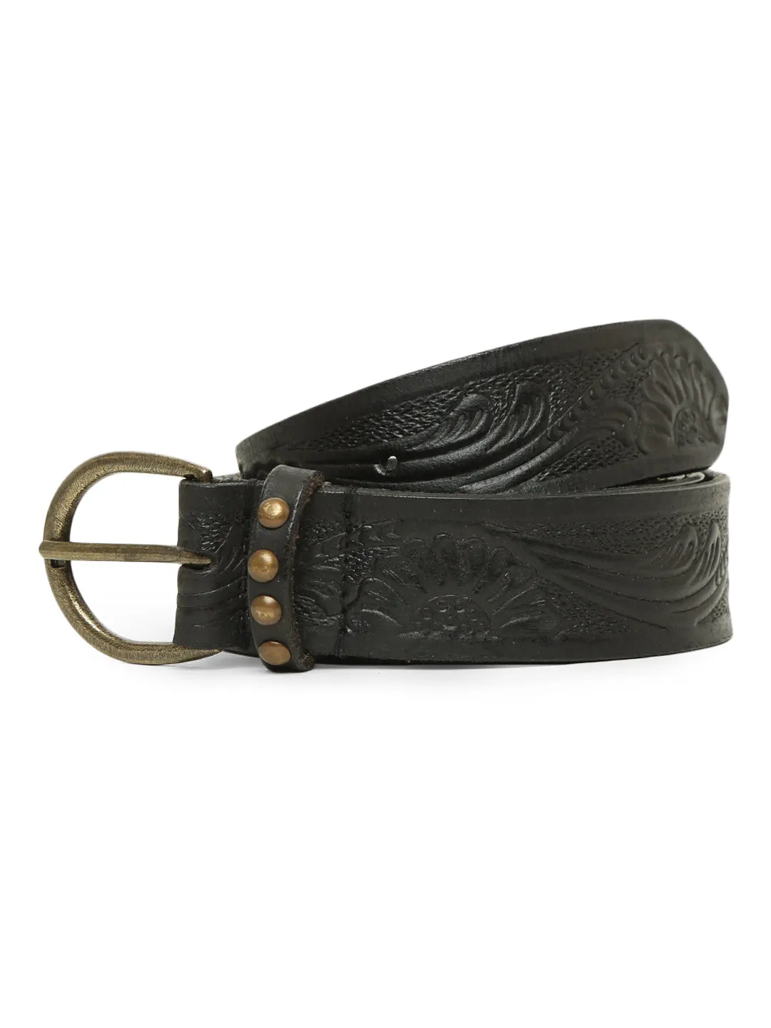 Black Hand-tooled Design Leather Belt By Art N Vintage