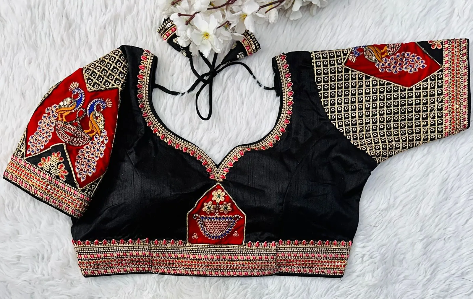 Black Handcrafted Sequined Blouse in Dilkush Silk