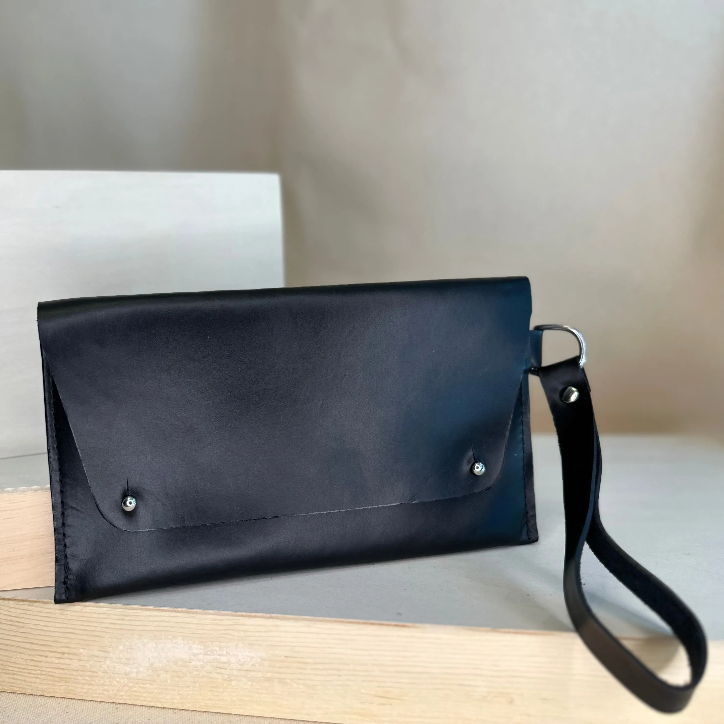 Black Handstitched Leather Clutch