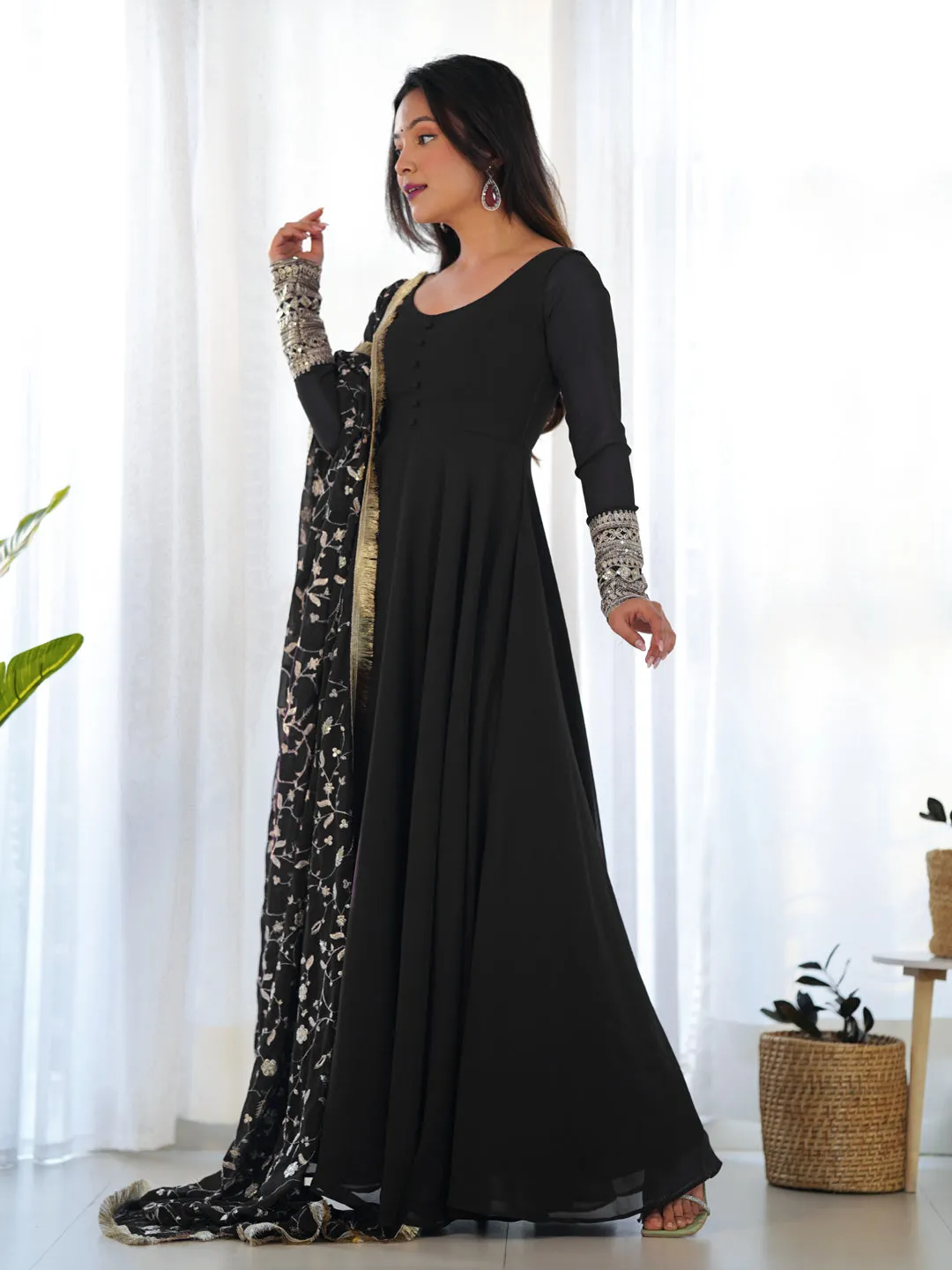 Black Heavy Pure Soft Fox Georgette Anarkali Dress With Embroidery Sequence Jari Work