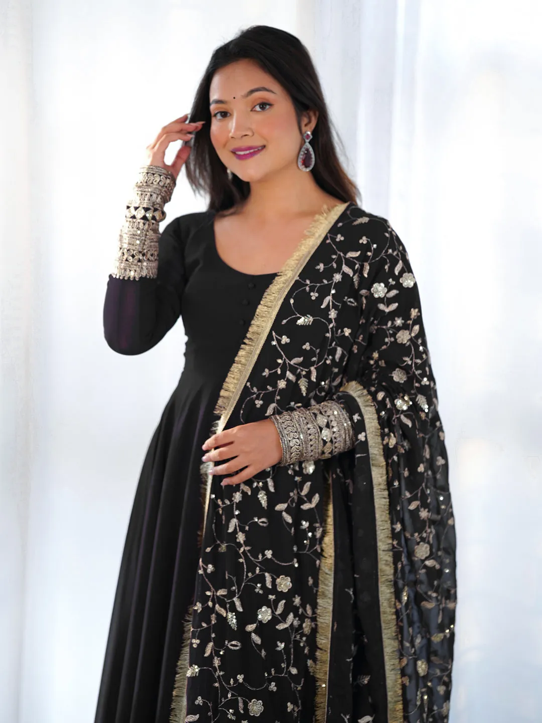 Black Heavy Pure Soft Fox Georgette Anarkali Dress With Embroidery Sequence Jari Work