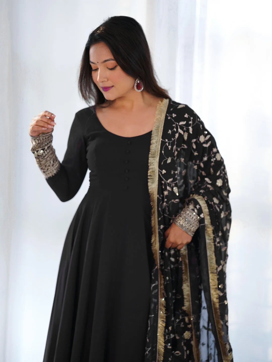 Black Heavy Pure Soft Fox Georgette Anarkali Dress With Embroidery Sequence Jari Work