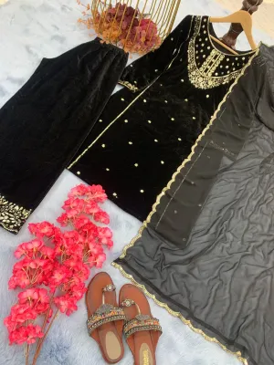 Black Heavy Pure Viscose Velvet Top with Plazzo & Dupatta Set - 5 mm Sequence Work and Fancy Sleeve