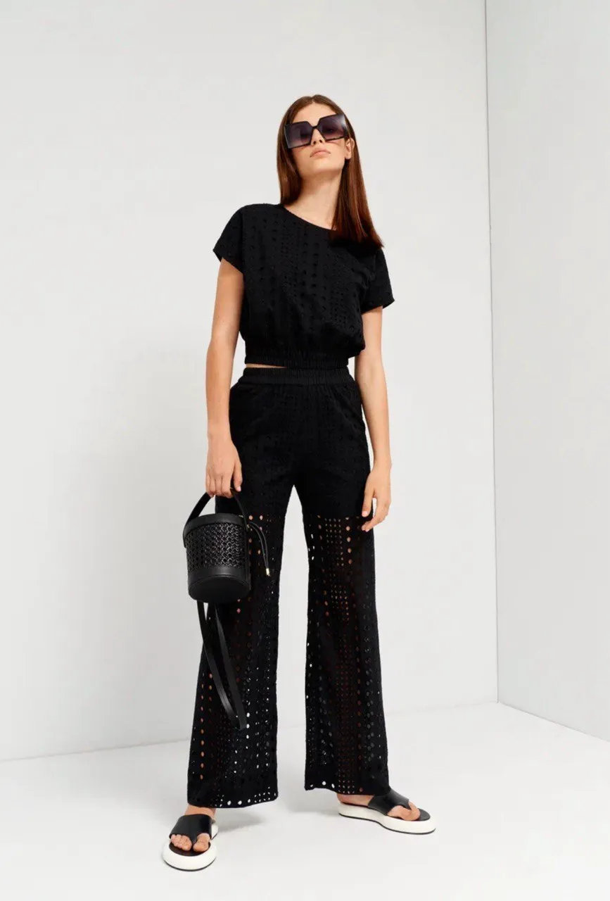 Black High Rise Broderie Wide Leg Pants