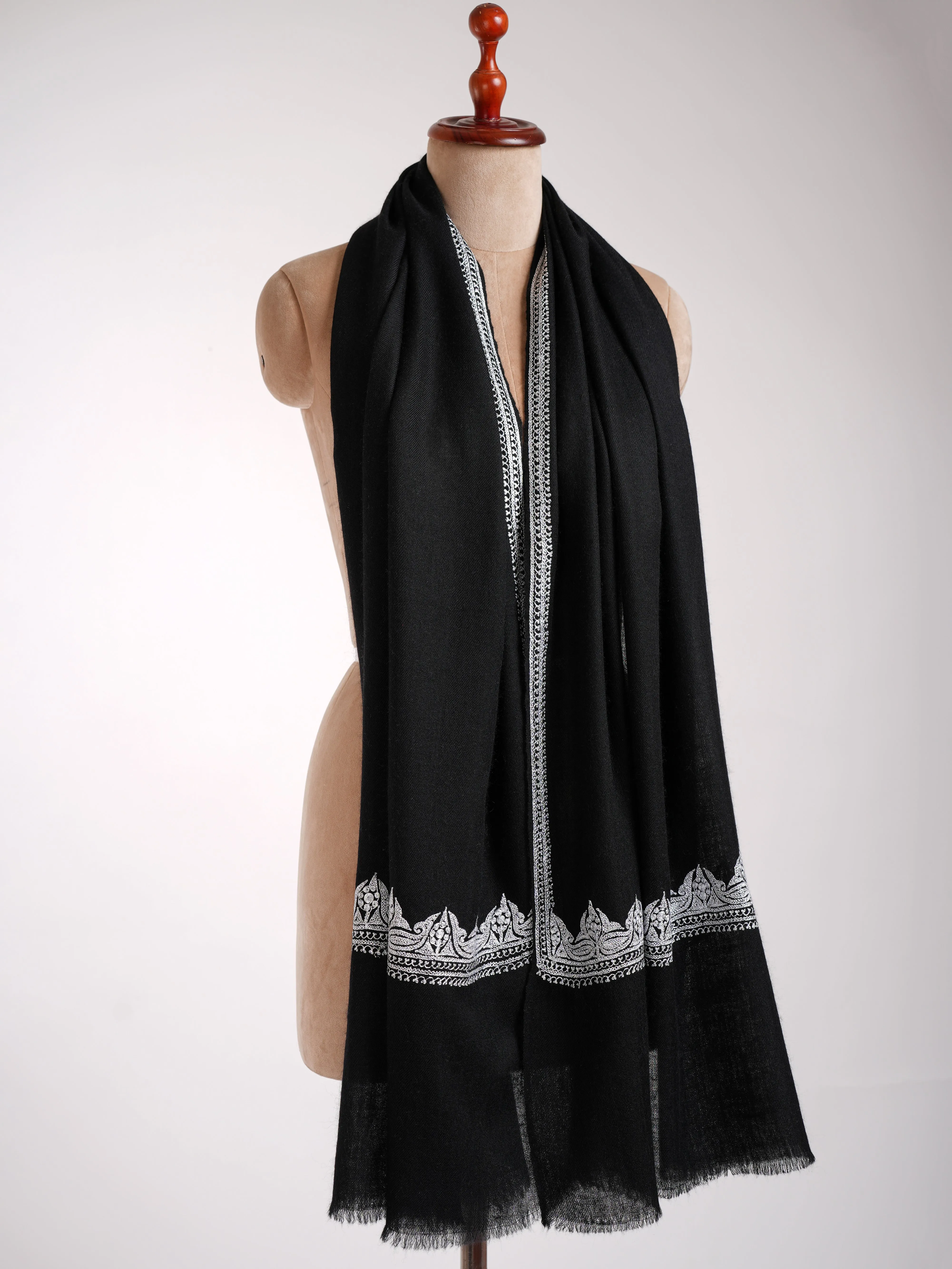 Black Indian Cashmere Stole with Silver Tilla Embroidery