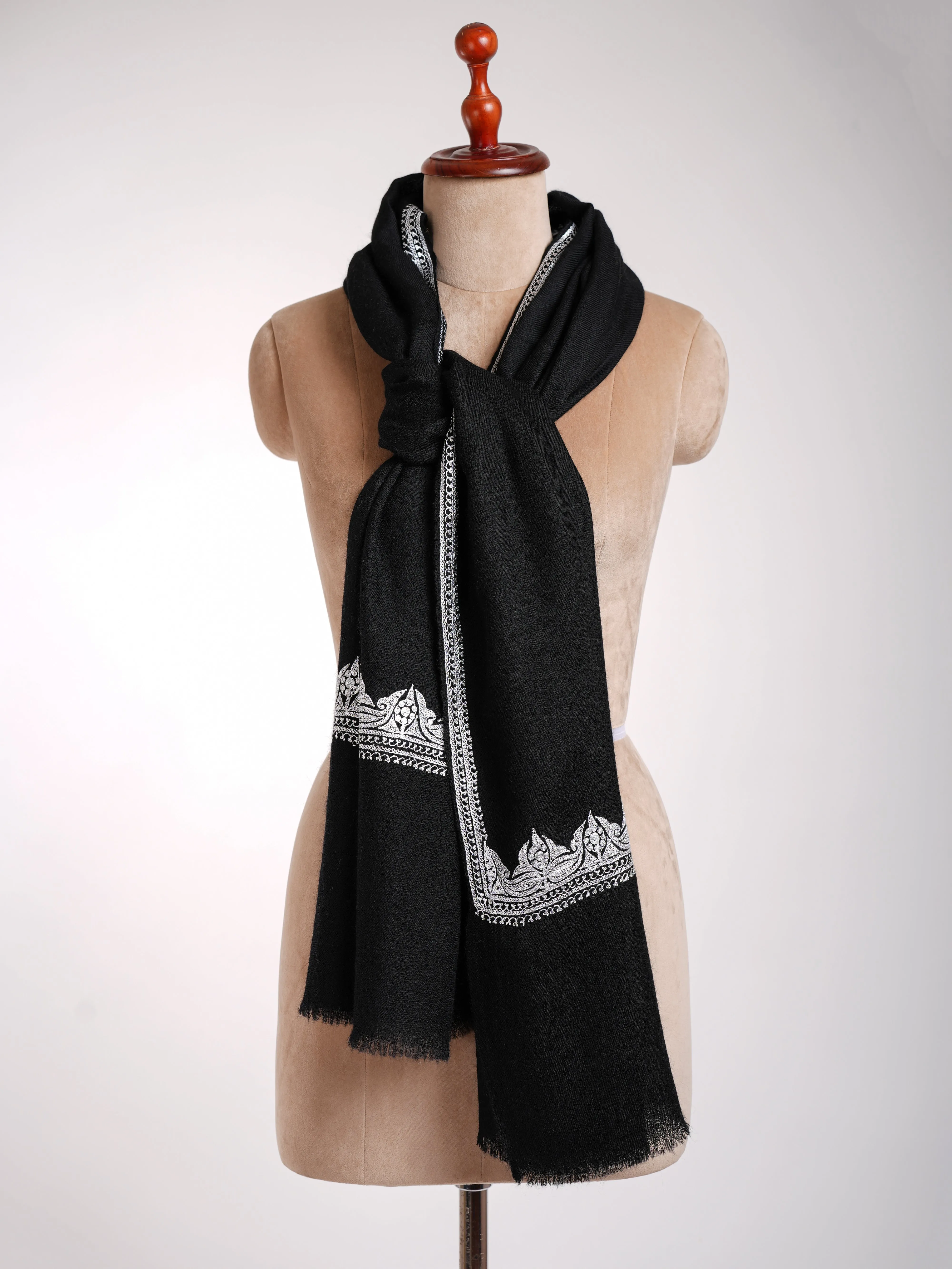 Black Indian Cashmere Stole with Silver Tilla Embroidery