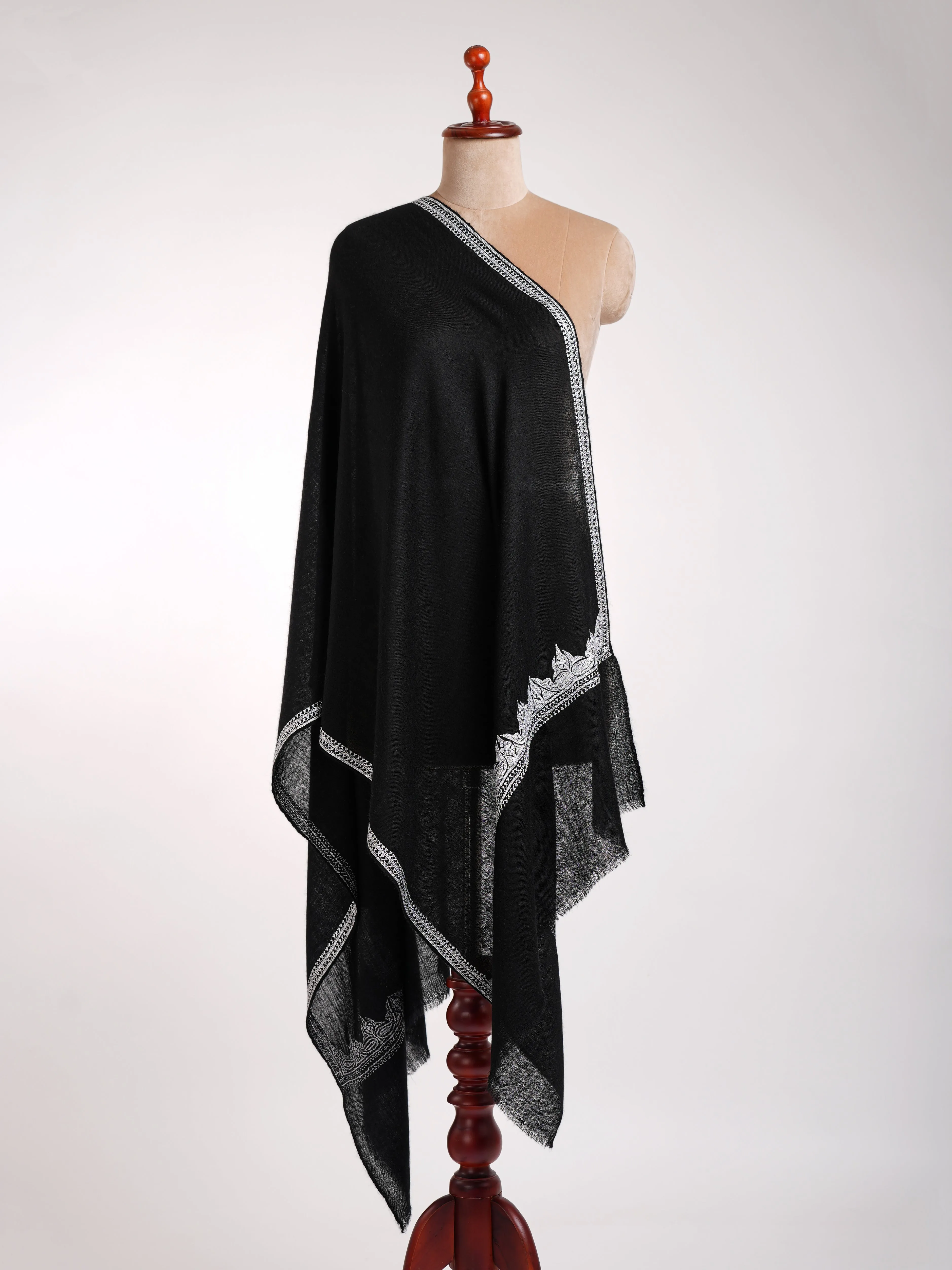 Black Indian Cashmere Stole with Silver Tilla Embroidery