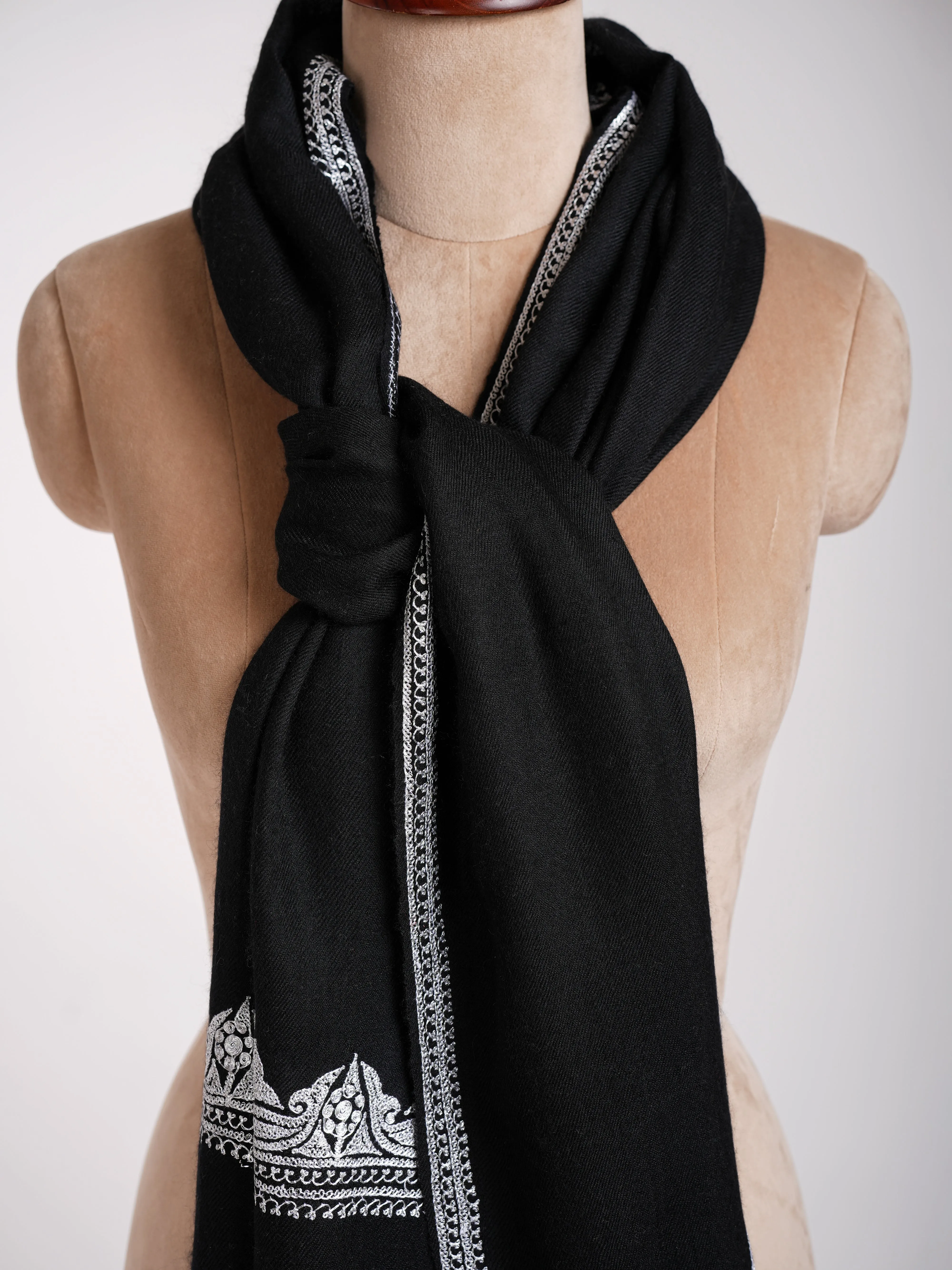 Black Indian Cashmere Stole with Silver Tilla Embroidery