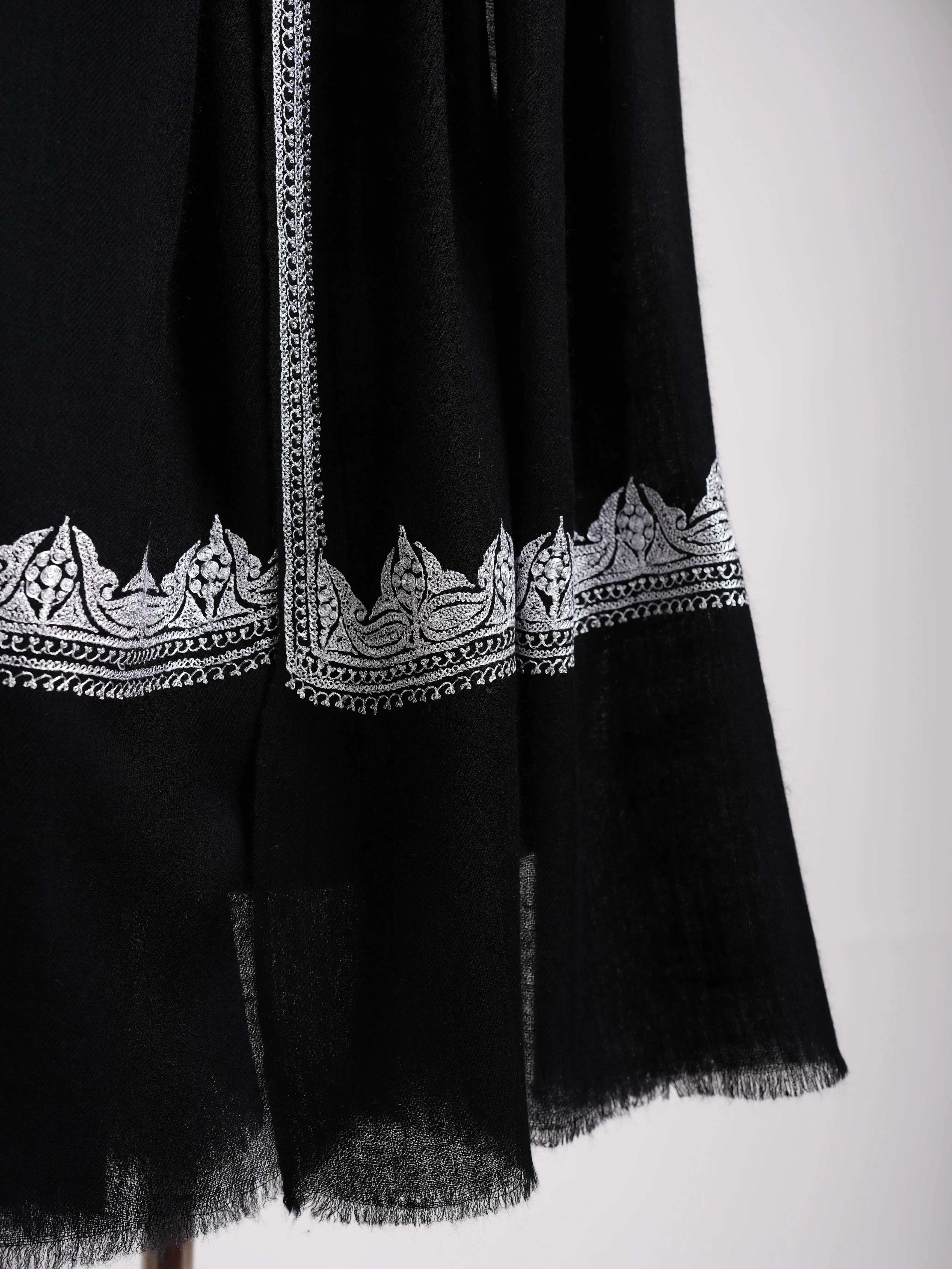 Black Indian Cashmere Stole with Silver Tilla Embroidery