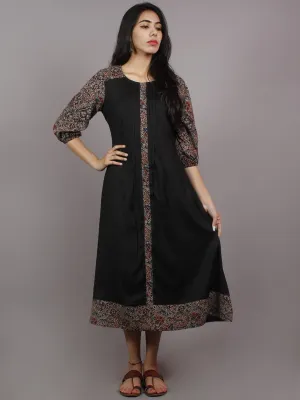 Black Indigo Maroon Ajrakh Printed Cotton & Rayon Dress With Front Pleetes - D4847801