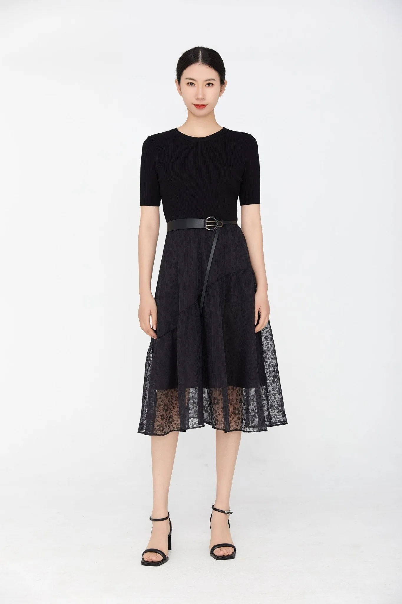 Black Jacquard Yarn Waist Midi Dress