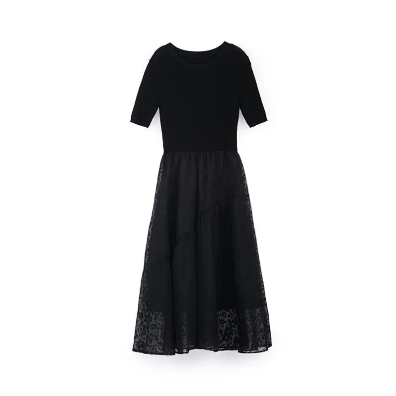 Black Jacquard Yarn Waist Midi Dress