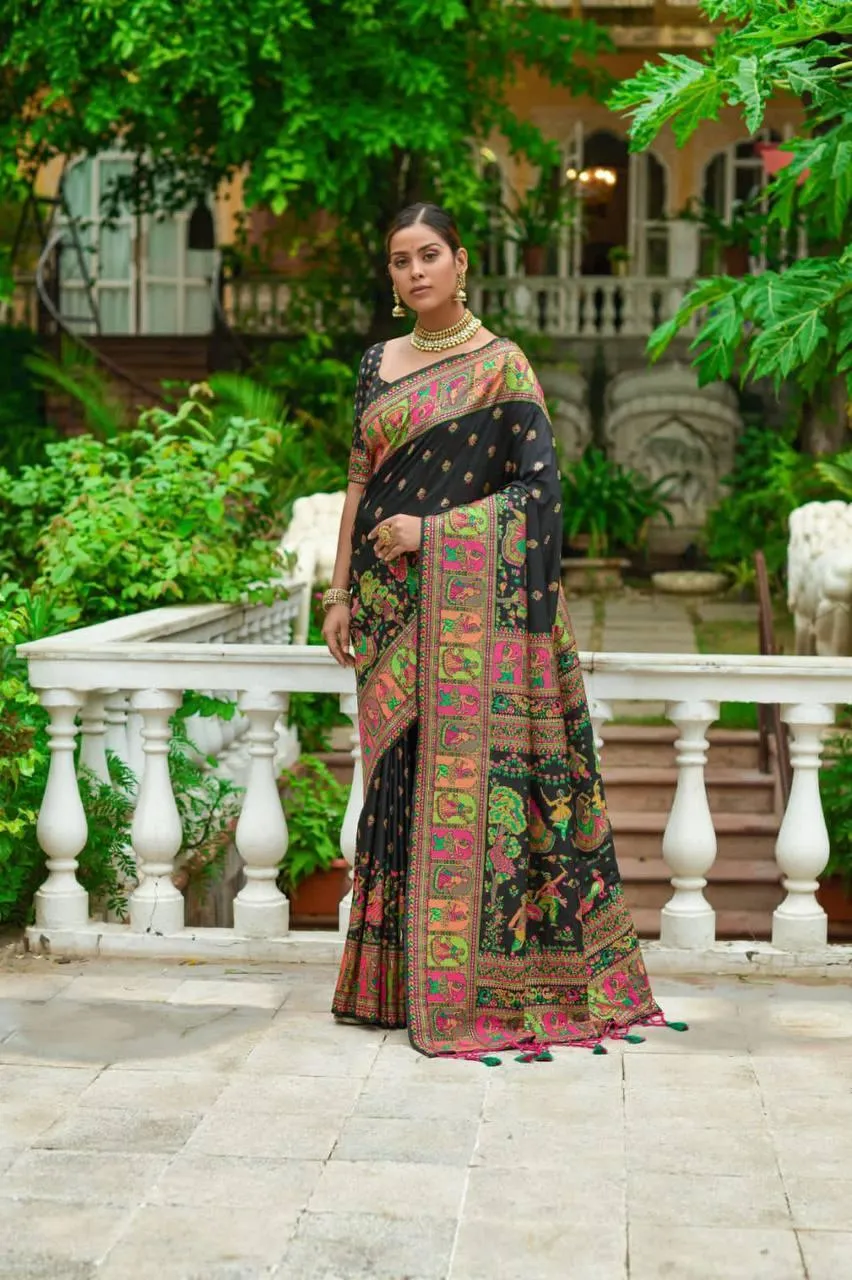 Black Kashmiri Pashmina Silk  Saree