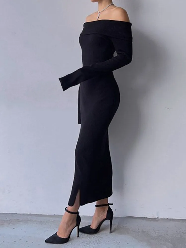 Black Knitted Off-Shoulder Long Dress