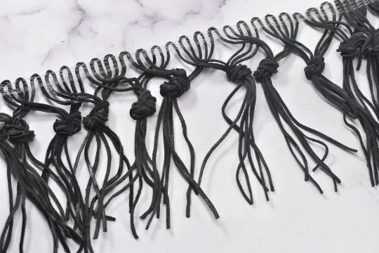 Black Knotted Fringe Trim | Faux Leather Fringe Trim With A Design | Ultra Suede Leather Fringe Trim | 4" Leather Fringe Trim By The Yard