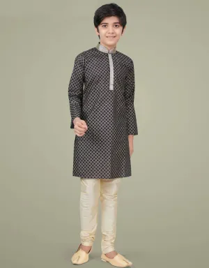 Black Kurta Pajama Printed Cotton Silk