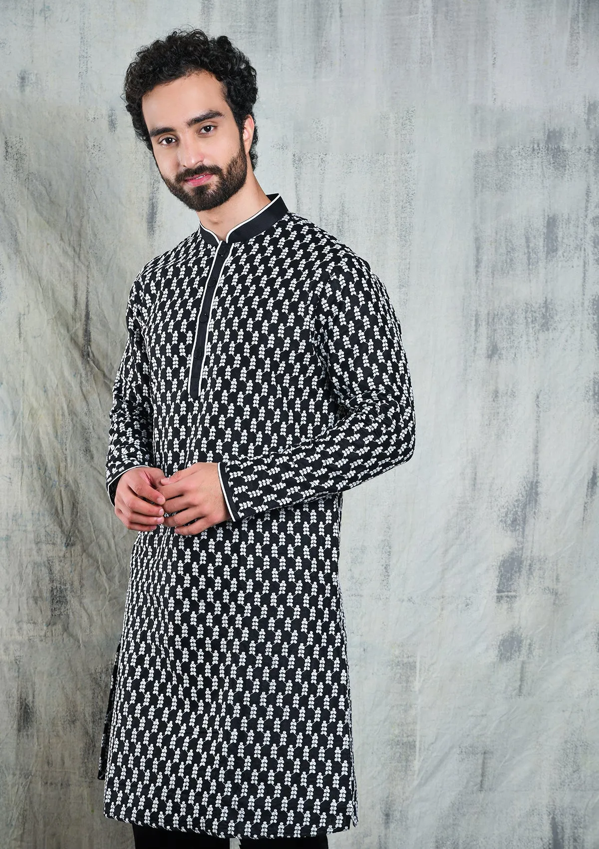 BLACK KURTA PYJAMA SET WITH INTRICATE WHITE 7DOT TREE THREAD EMBROIDERY