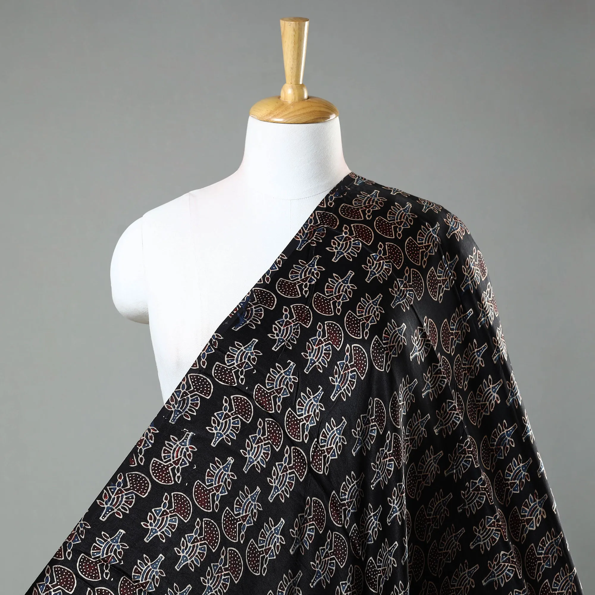 Black - Kutch Hand Block Print Modal Silk Ajrakh Fabric 35