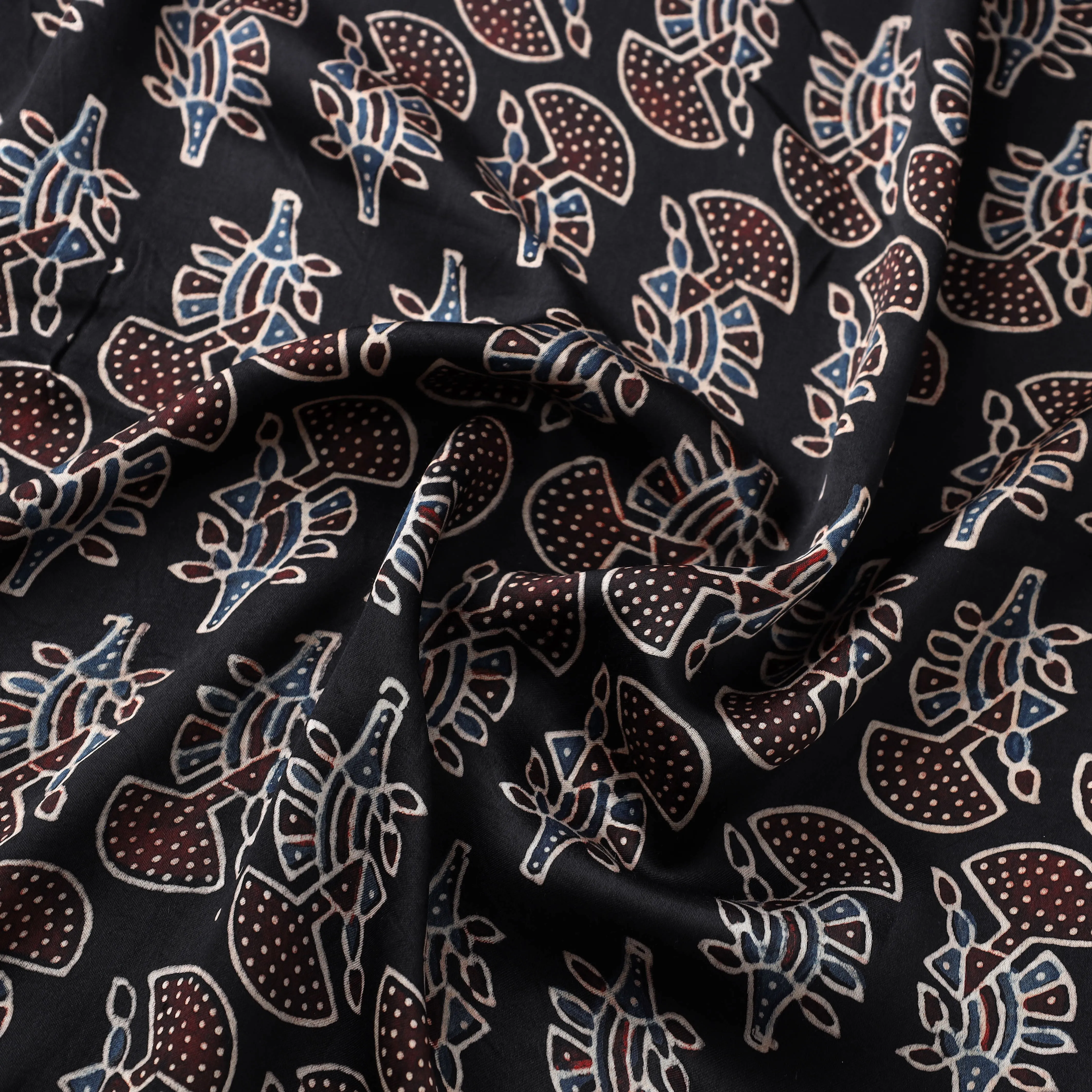 Black - Kutch Hand Block Print Modal Silk Ajrakh Fabric 35