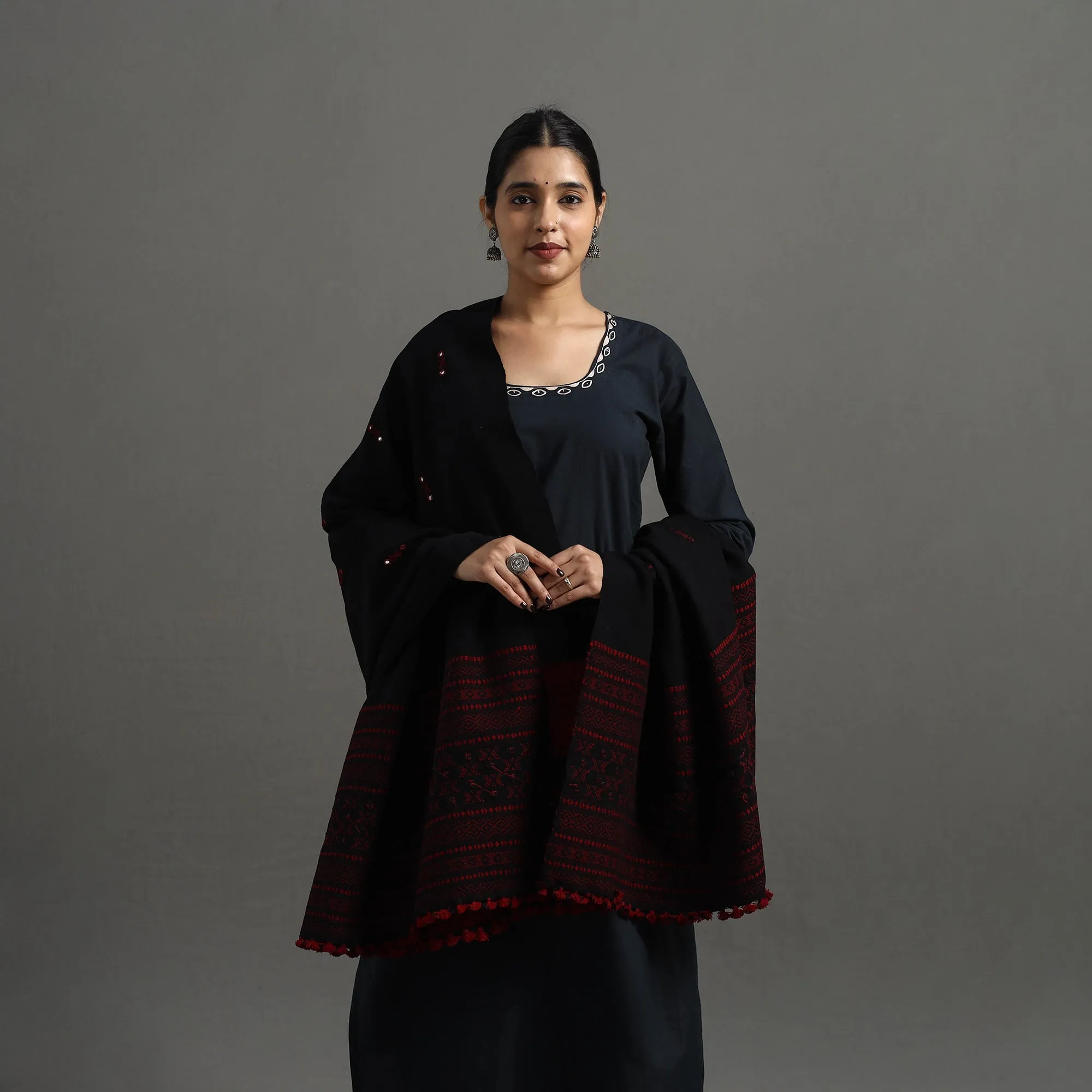 Black - Kutch Handwoven Mirror Work Woollen Shawl 19