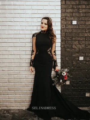 Black Lace Wedding Dress Mermaid High Neck Wedding Dress See Through Black Bridal Gown GRSD005