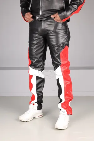 Black Leather 5 Pocket Pants - Red & White Panels