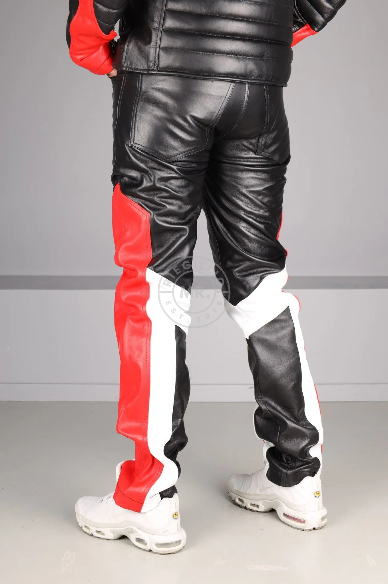 Black Leather 5 Pocket Pants - Red & White Panels