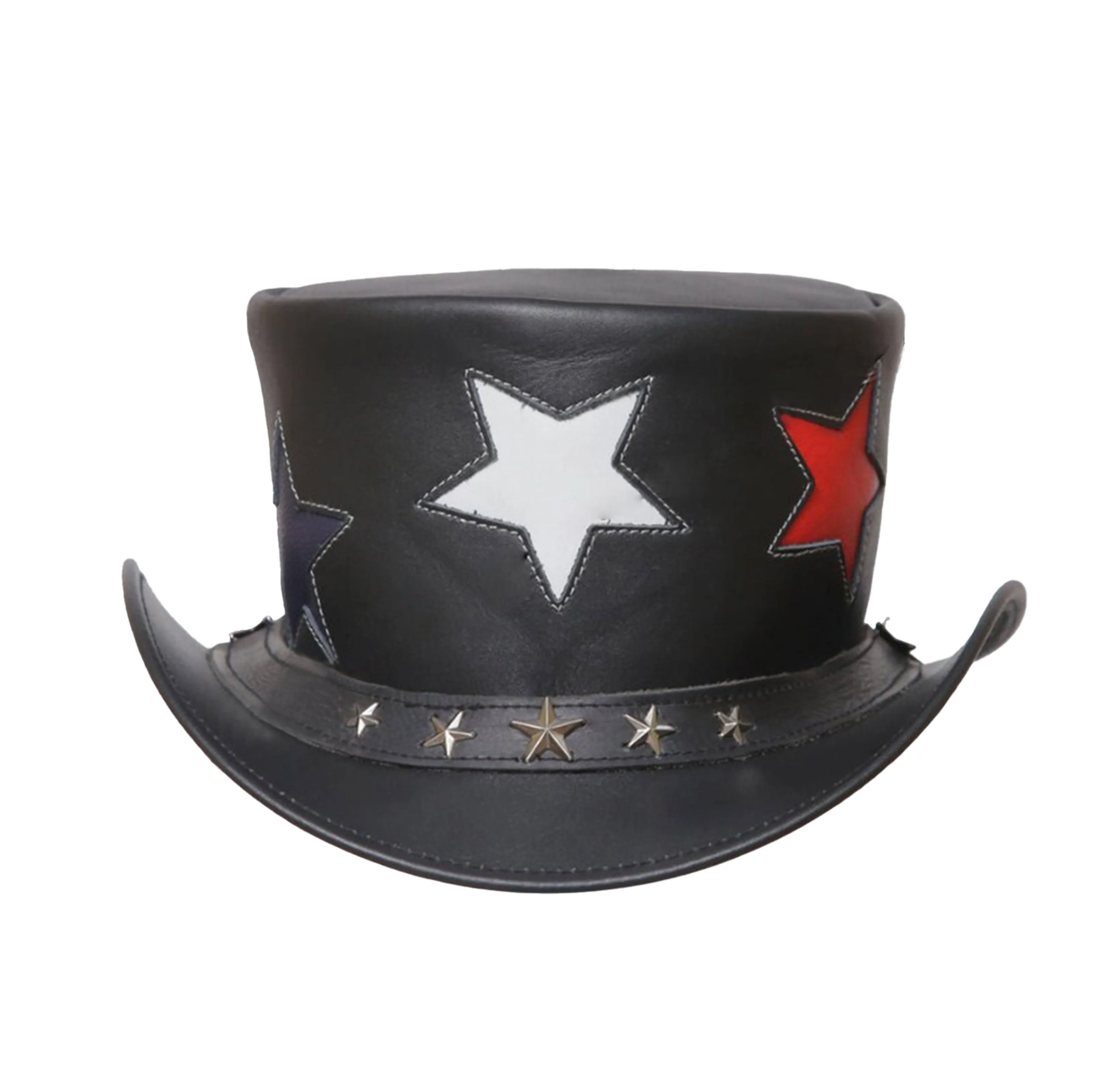 Black Leather America Steampunk Top Hat with Five Star Band Design