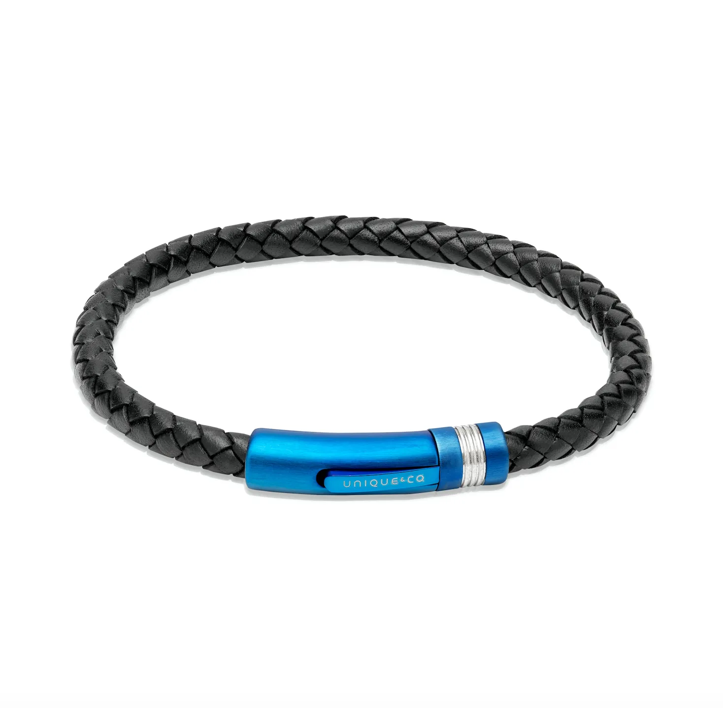 Black leather bracelet with blue clasp silver detail