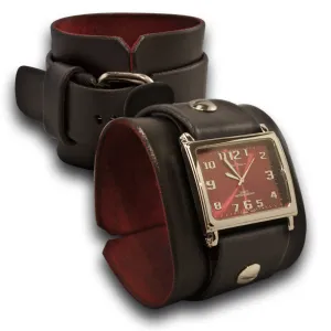 Black Leather Cuff Watch with Red Watch Face & Stainless Buckle