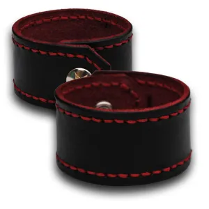 Black Leather Cuff Wristband with Red Stitching and Snap