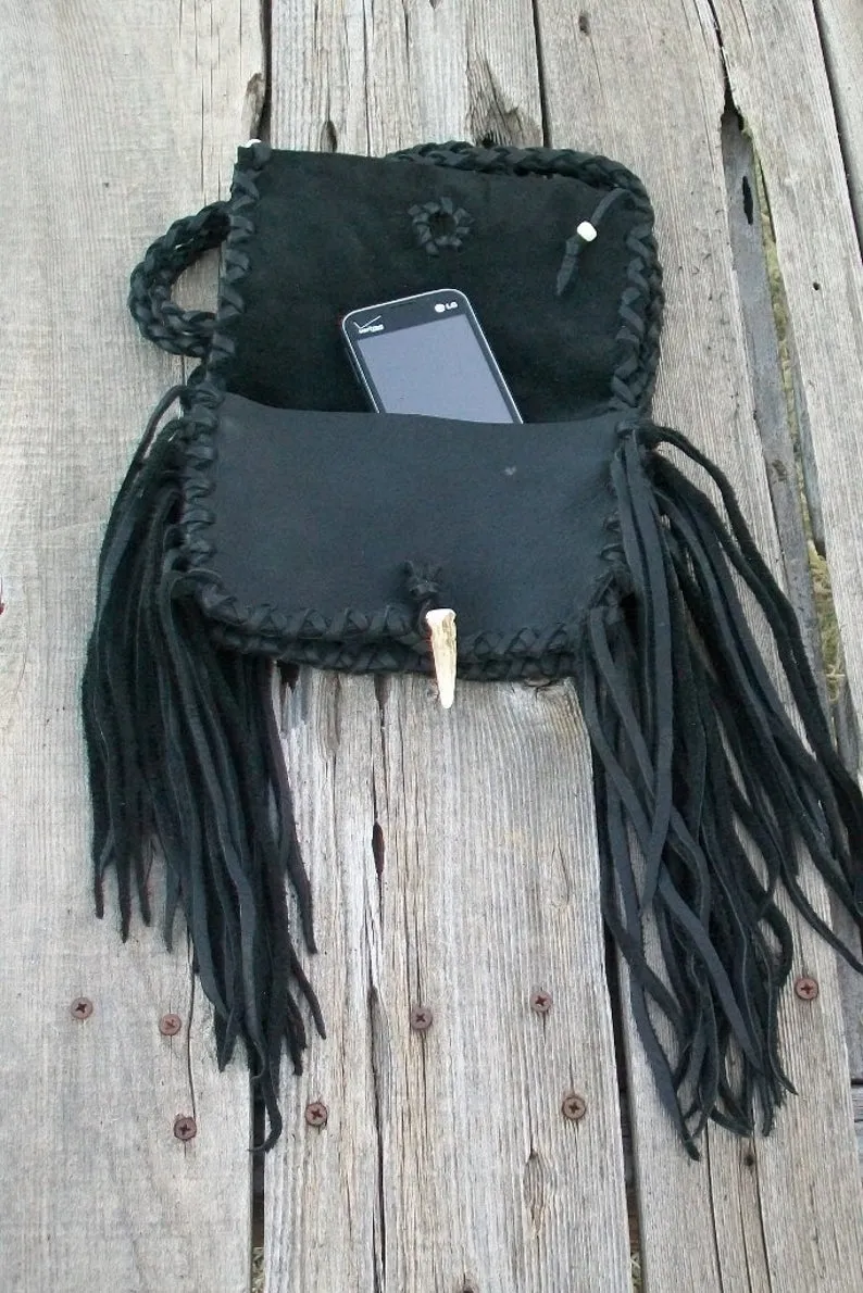 Black leather handbag, fringed leather purse