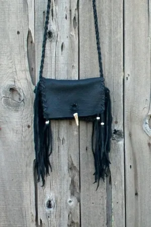 Black leather handbag, fringed leather purse