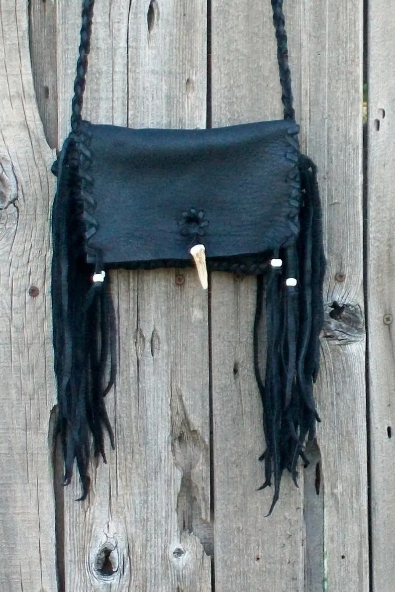 Black leather handbag, fringed leather purse