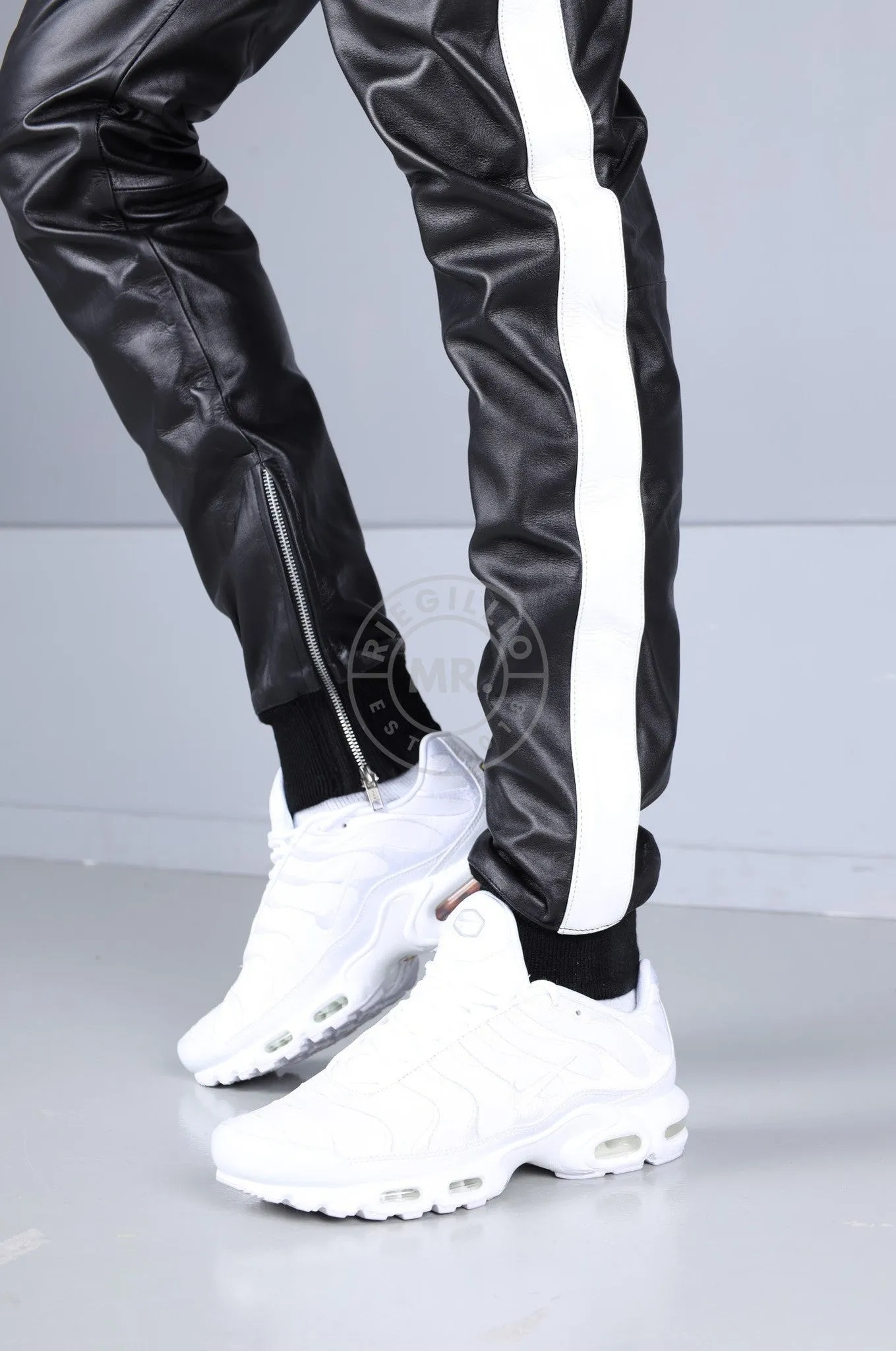 Black Leather Sports Pants - White Stripe