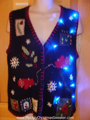 Black Light Up Ugly Xmas Sweater Vest with Mittens