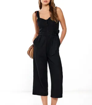 Black Linen Suspenders Jumpsuit