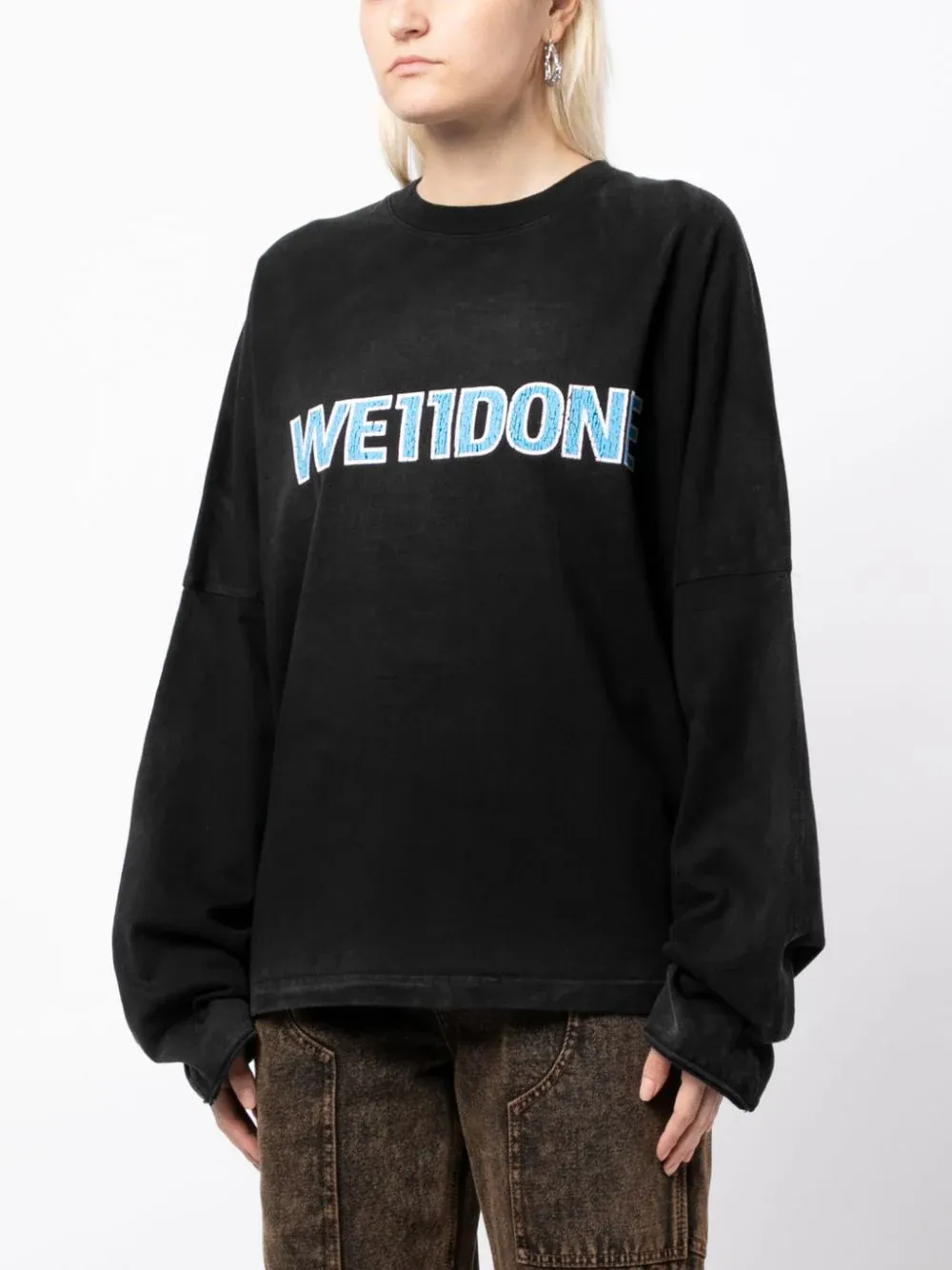 Black Logo Print Bleached Long Tee