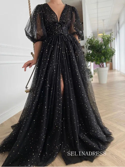 Black Long Prom Dresses A-line V neck Long Evening Dress Formal Dresses SSD004