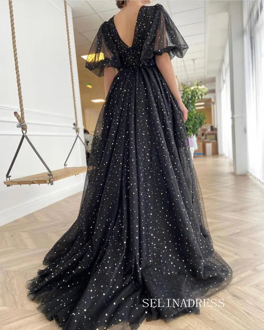 Black Long Prom Dresses A-line V neck Long Evening Dress Formal Dresses SSD004