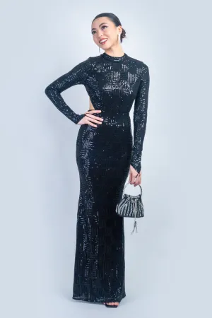 Black Long Sleeve Fitted Sequin Gown w/ Finger Glove