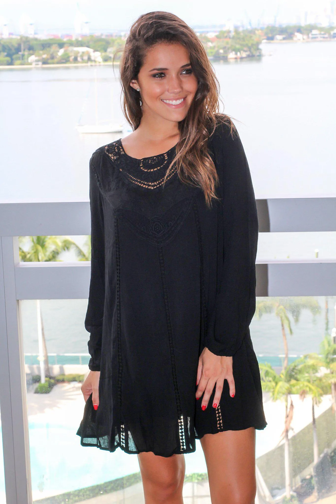 Black Long Sleeve Short Dress with Crochet Top