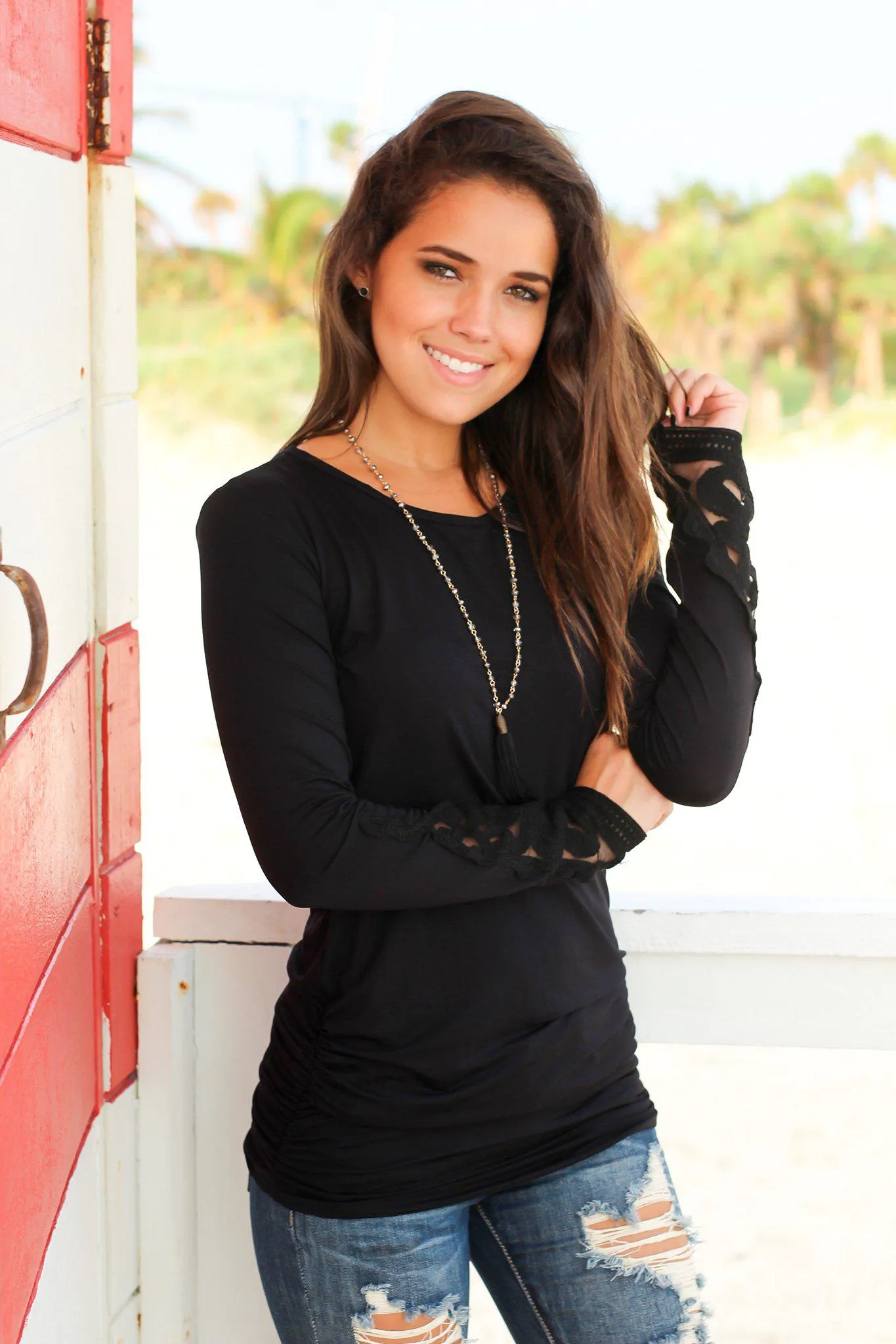 Black Long Sleeve Top with Crochet Sleeves