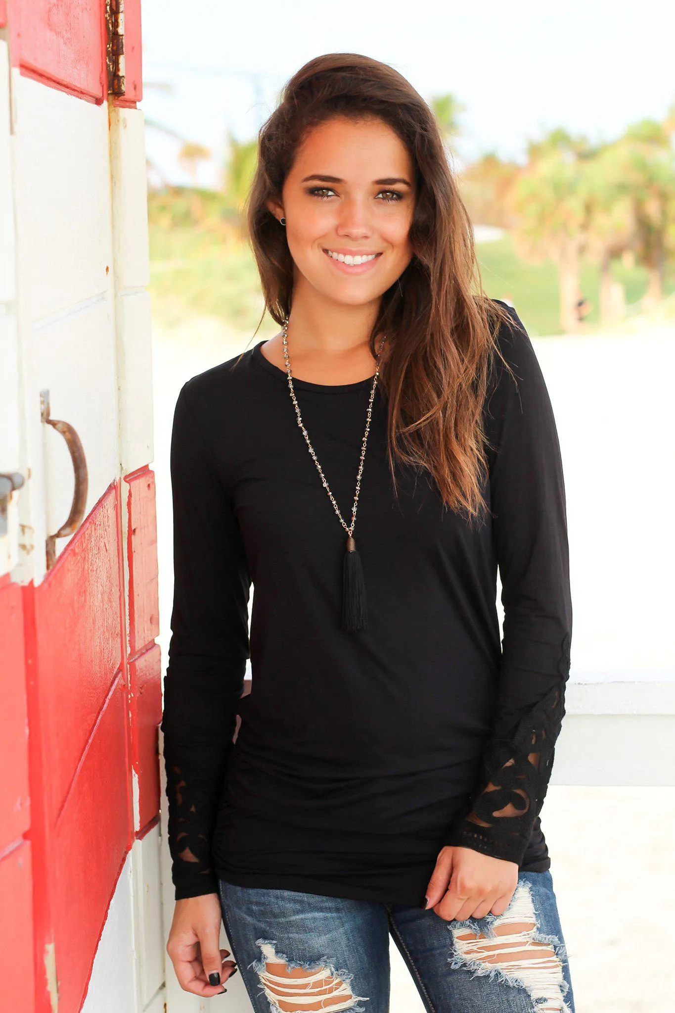 Black Long Sleeve Top with Crochet Sleeves