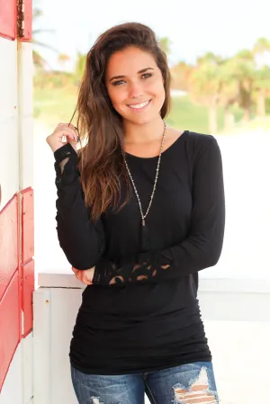 Black Long Sleeve Top with Crochet Sleeves